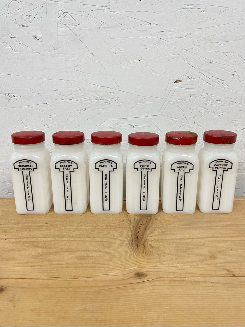 Vintage Set of 6 Griffith’s Milk Glass Spice Jars with Red Lids